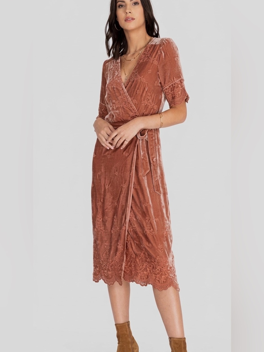 Johnny Was Jade Lola Velvet Wrap Midi Dress Embroidered Eyelet Size M